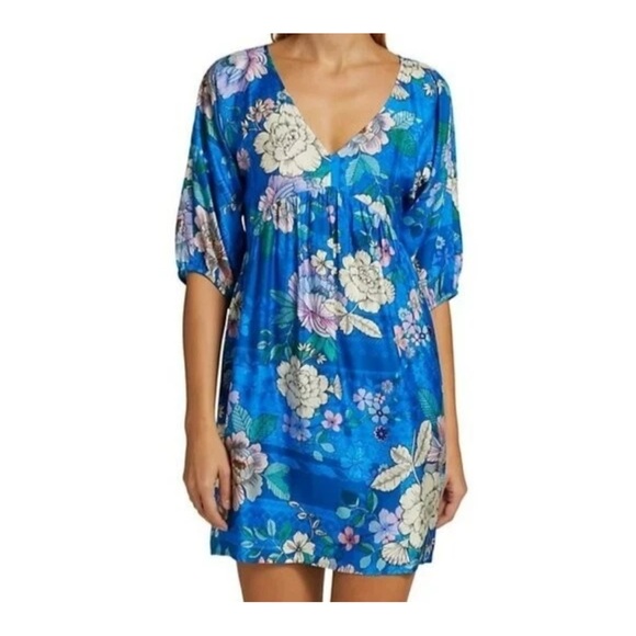Johnny Was Blue Dove Dress Cover Up Floral Multi Silk M NWT Resortwear Boho Chic - Picture 2 of 6